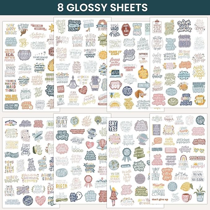 bloom daily planners Inspirational & Motivational Quotes Planner Stickers (8 Sheets / 200+ Stickers) - Hand-Lettered Positive Cute Aesthetic Quotes for Decorating, Planning, Scrapbooking - Cool Tones
