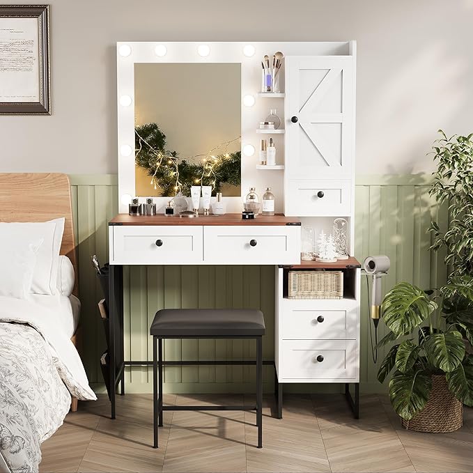YIKEHOME Farmhouse 42'' Makeup Vanity Desk Set with Mirror, Vanity Table 3-Colour Lights with 5 Drawers & Shelves for Bedroom Dressing Room Brown