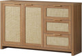 OAKHAM HOME Kitchen Storage Cabinets, Buffet Cabinet with Storage Rattan Sideboard Cabinet Organizer 3 Drawers and 2 Doors Accent Console Table for Kitchen Hallway Living Room bar (Weathered Oak)