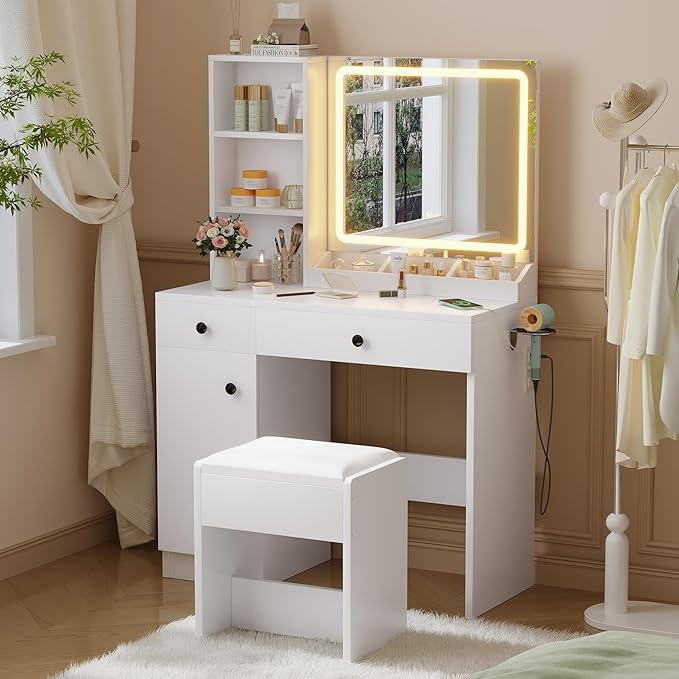 YIKEHOME Small Vanity Makeup Mirror Desk with Stool, Makeup Vanity Table Set with with 3 Lighting Modes & Adjustable Brightness, Dressing Table for Women Girls Bedroom, White