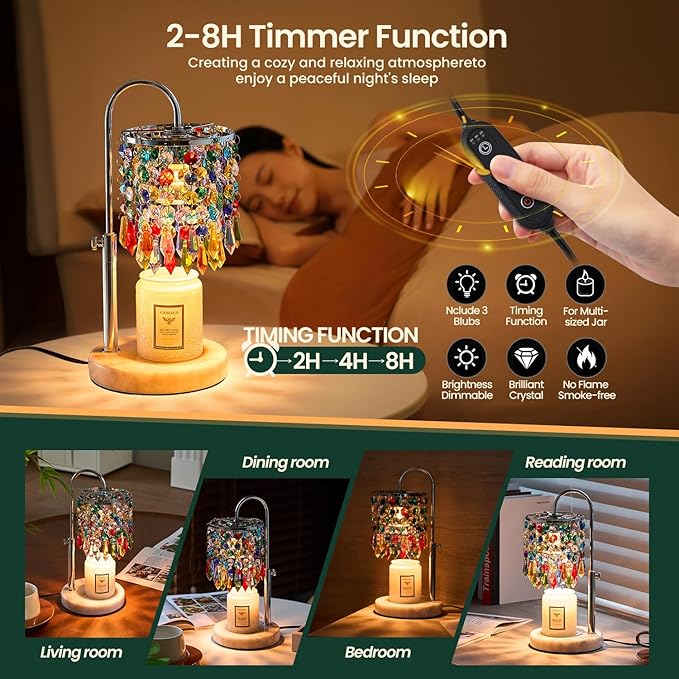Candle Warmer Lamp with Timer Dimmer and 3 Bulbs, Lamp Candle Warmer with Marble Base,Wax Melt Warmer for Jar Candles, Birthday Gifts for Women Mom, House Warming Gifts New Home Decor (multicolor)