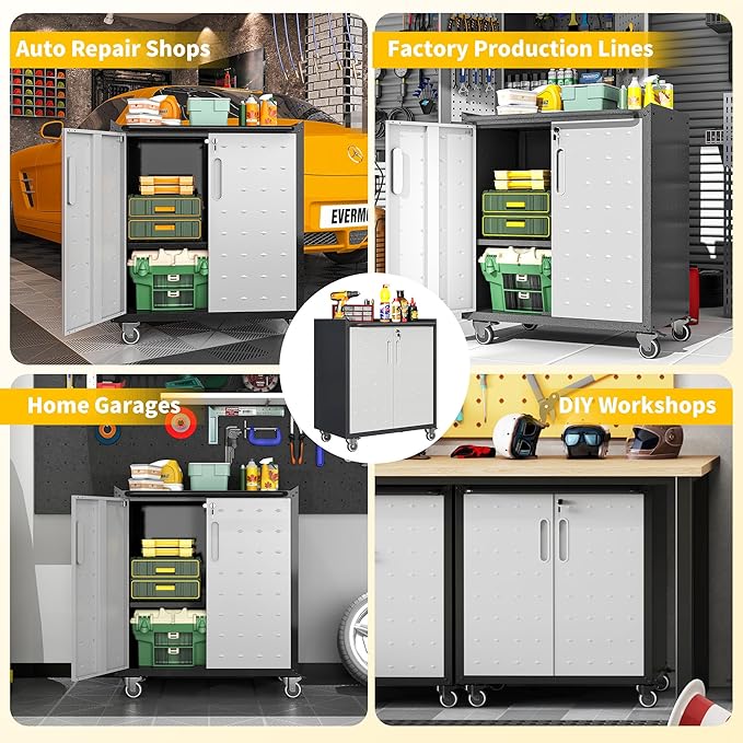 Garage Storage Cabinets with Wheels, Locking Metal Storage Cabinets with Doors and Adjustable Shelves, Easy Assembly Tool Cabinet for Garage, Basement,Warehouse