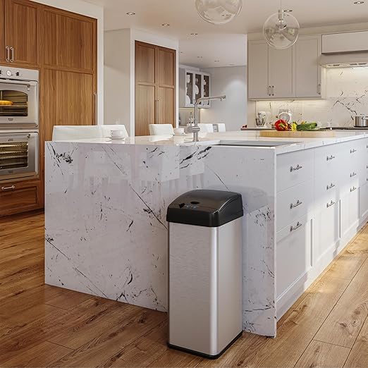 iTouchless 13 Gallon Sensor Kitchen Trash Can with Lid and Odor Filter, Stainless Steel Trashcan Extra-Wide Lid Opening Slim Garbage Bin for Home Office Work Bedroom Living Room Garage Large Capacity