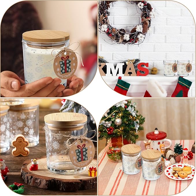 Potchen 12 Pcs Christmas Glass Candle Jars 7 oz Glass Jars Empty Containers with Bamboo Lids and Christmas Cards for Candle Making Storing Biscuits Holiday Tea Party Favors