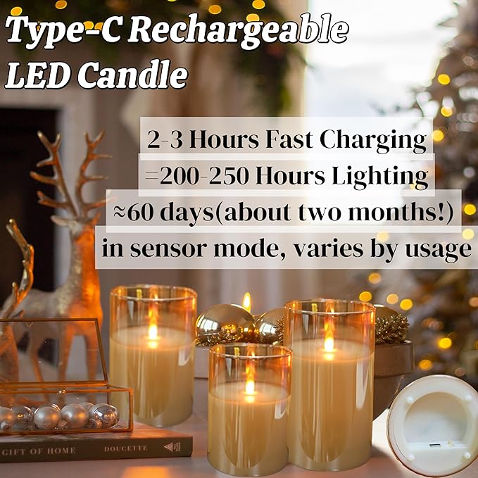 JMTONE Two Months Rechargeable Flameless Candle, Auto Switch On/Off, Rechargeable Glass Candle with Motion Sensor and Remote, Ideal Kids Adults for Home Living Room Decor, Ideal Gift for Women