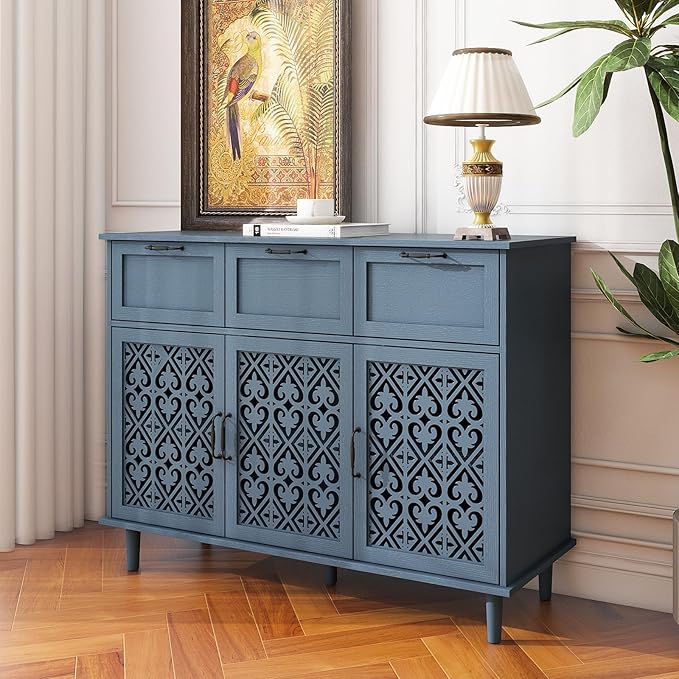 Blue 3 Doors 3 Drawers Buffet Sideboard Cabinet - Accent Cabinet with Adjustable Shelves，47 Inch Wide Wood Storage Cabinets for Dining Room,Living Room and Kitchen