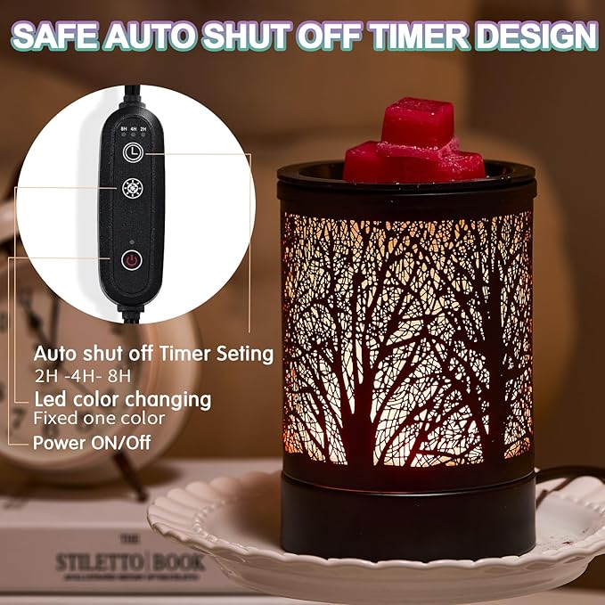 Enaroma Fragrance Wax Melts Warmer with 7 Colors LED Changing Light Classic Black Forest Design Scent Oil Candle Warmer for Home Black Tree Timer