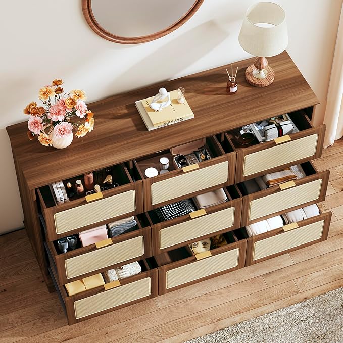 HUAHUU 9 Drawer Dresser for Bedroom, 60 Inch Long Dressers & Rattan Chest of Drawers, Boho Style, Large TV Stand for 55, 65, 70 Inch TV, for Bedroom, Living Room, Entryway, Hallway, Walnut