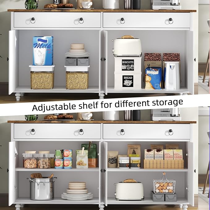 4 EVER WINNER Buffet Cabinet with Storage, 55'' Large Farmhouse Storage Cabinet with 2 Drawers and 4 Doors, Coffee Bar Cabinet with Adjustable Shelves for Kitchen, Dining Room, White