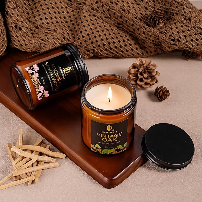 Magnolia & Sandalwood Scented Candles, Soy Candle for Home Scented, Amber Jar Candles Gifts for Men Women, 7oz