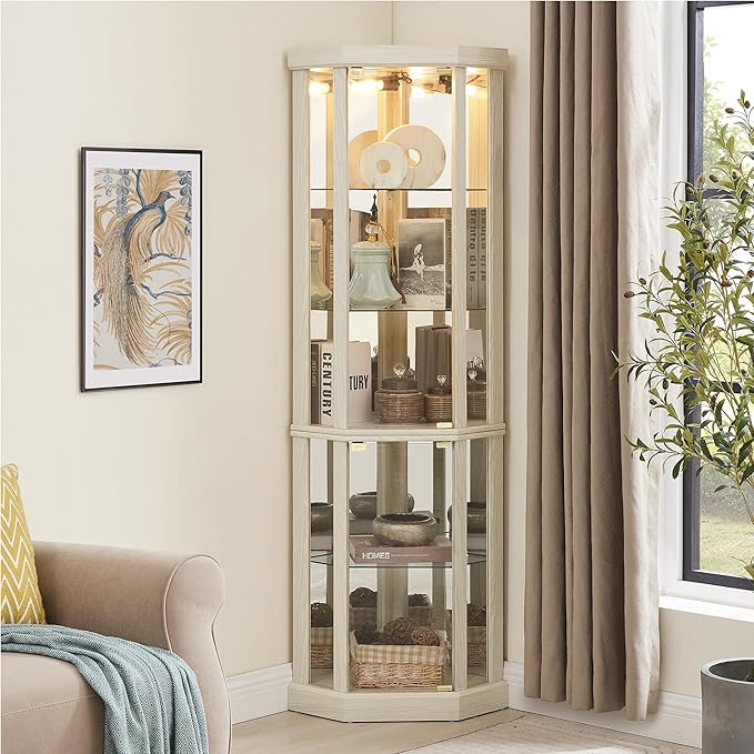 69" H Lighted Curio Cabinet Corner Display Case,Corner Glass Cabinets with Tempered Glass Door and Adjustable Shelves,Wooden Curio Cabinet with Mirrored Back Pane(Style 1 - Antique White)
