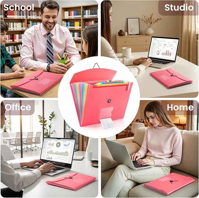 13 Pocket Accordion File Organizer with Elastic Closure, Expanding File Folder for Letter Size A4 Papers, Ideal for Home, Office Supplies, College Essentials - Pink