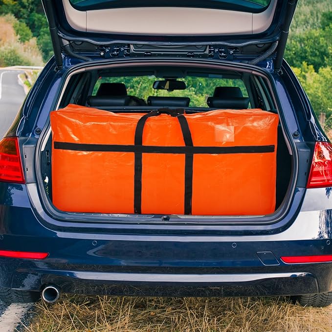 Windyun 4 Pack 98 Gallon Extra Large Moving Bags XXL Heavy Duty Storage Bag with Strong Zipper Handle Jumbo Big Tote Box Foldable for College Dorm Travel Clothes Duffle Blanket Pillow(Orange)