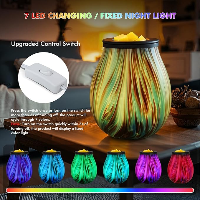 Wax Melts Warmer Candle Warmer - Art Glass Wax Warmer for Scented Wax, Electric Wax Burner with Removable Silicone Dish 7 Colors Light Changing Wax Melter for Home and Office Decor & Gift for women