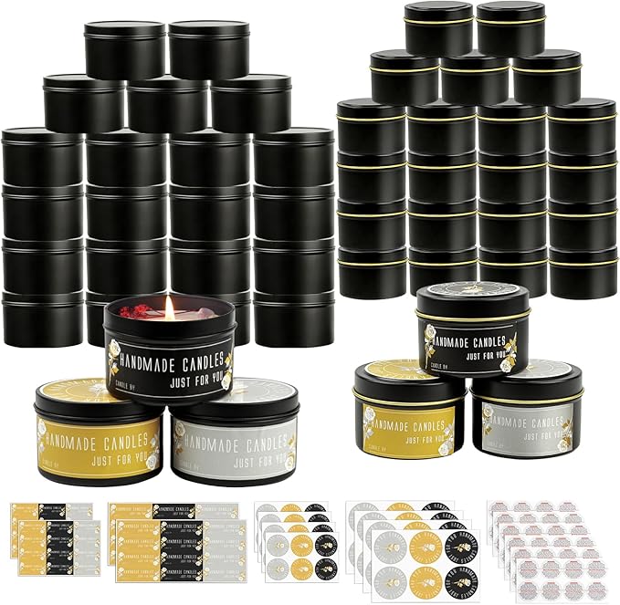 CONNOO 48 Pack Candle Tins - 24pcs 8oz + 24pcs 4oz Matte Black Jars with Lids for Making Candles, Bulk Empty Containers with Sticky Warning Labels for Candle Making, Storage, and Gift