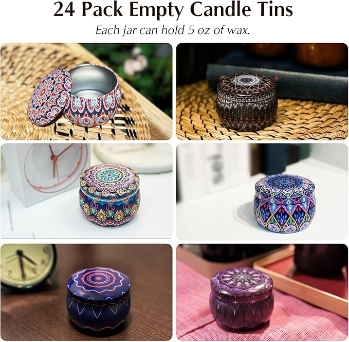 Happyhube Empty Candle Tins for Making Candles, 24 Pack 5 oz Metal Containers, Travel-Friendly Rust-Proof Tins with Lids (Yellow & More)