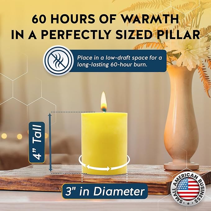 Alternative Imagination – 100% Pure Beeswax Candle – Medium 3x4 Inch Pillar – Long Lasting 60 Hour Burn – Non-Toxic, Unscented & Hypoallergenic – Natural Honey Aroma – Handcrafted from Real Beeswax