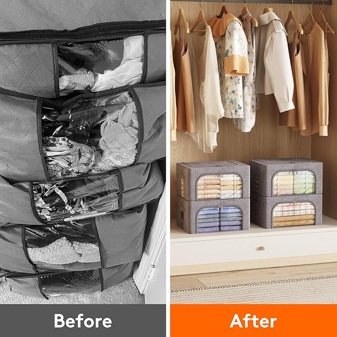 Lifewit Clothes Storage Bins with Metal Frame, Stackable Storage Box, Foldable Clothing Storage Bins with Lids, 25L Storage Bags Fabric Box Organizer with Clear Window＆ Zippers＆ Sturdy Handles 4 Pack