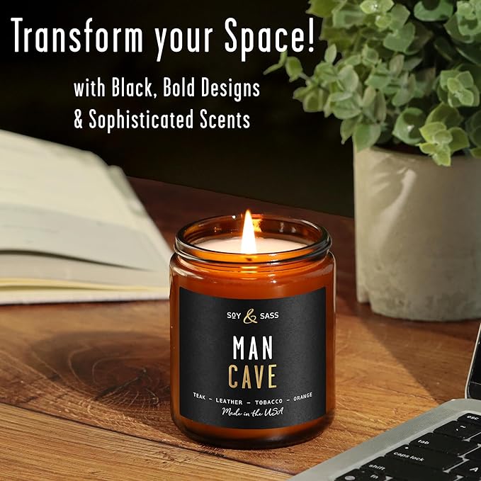 Man Cave Candle I Scented Black Candles for Men - Rich Teakwood & Tobacco Soy Wax Mens Candle - Infused w/Essential Oils | Masculine Manly Candles for Men I 50Hr Burn, 9oz I Non Toxic I Made in USA