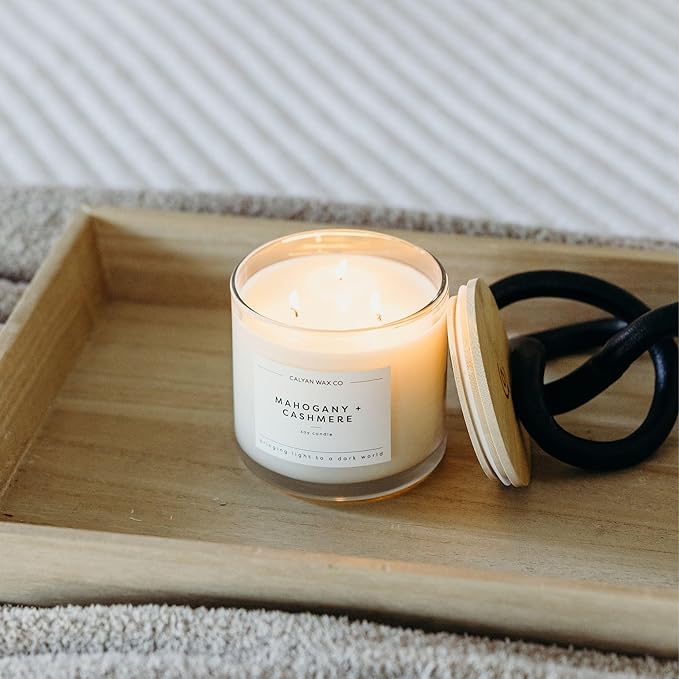 Calyan Wax Co. Mahogany & Cashmere 3 Wick Scented Candle - 43 Hour Burn - Luxury 3 Wick Soy Candles - Non Toxic Soy Wax Candles - Long Lasting Large Glass Jar Candle for Home - 14.9oz
