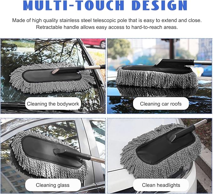 2 PCS Microfiber Car Duster, Scratch Free Auto Exterior Interior Large Dusting Cleaning Brush, Multipurpose Vehicle Dust Cleaner with Extendable Handle, Car Accessories (Gray)