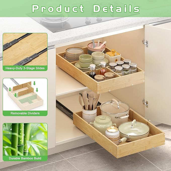 Bamboo Pull Out Cabinet Organizer, 14" W x 21" D No Drill Adhesive Slide Out Drawers, Pull Out Shelves for Kitchen Pantry Bathroom Storage