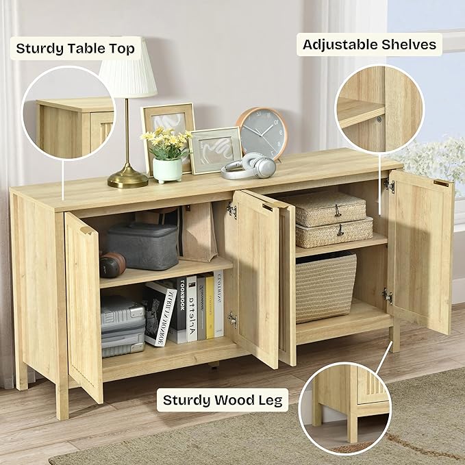 ELISA HOME Lagoon Large Buffet Sideboard Cabinet with Storages, 57.9" Modern Buffet Table Dining Room Cabinet Coffee Bar Storage with 4 Doors for Dining Room, Living Room, Hallway, Oak