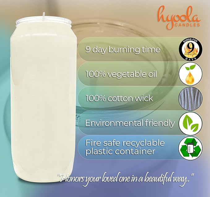 Hyoola 9 Day Prayer Candles 7 inch Tall Pillar Candles for Religious, Memorial, Party Decor, Vigil and Emergency Use - Vegetable Oil Wax in Plastic Jar Container, White (Pack of 1)