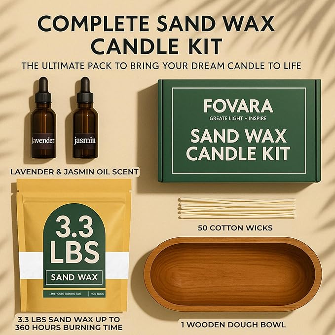 Fovara - Pearled Sand Candles with Wicks, 3.3 lbs - Sand Wax Candle Kit: Wooden Dough Bowl,50 Wicks, Jasmine & Lavender Scented Oil - Long-Lasting Candle Beads, Non-Toxic, Reusable Candles - White