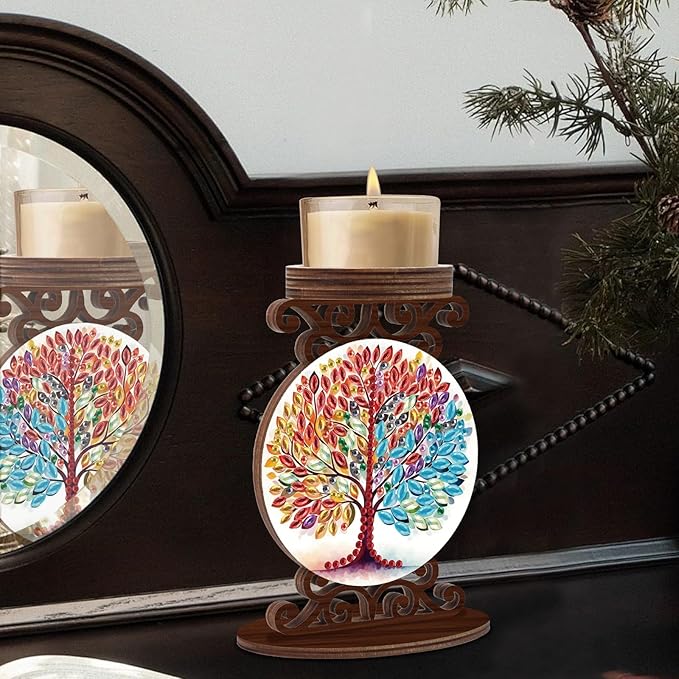 Diamond Art Painting Candlestick Holder kits, Colorful Tree DIY shaped crystal Diamond art painting, woodiness Candle holder for AromaRelax & Home Decor, Christmas Halloween Ornaments (Double-Sided)