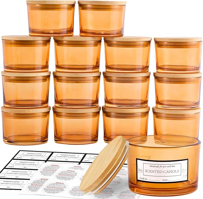 CONNOO 15 Pack 4oz Orange Glass Candle Jars with Airtight Bamboo Lids for Making Candles, Bulk Small Wide Mouth Empty Candle Containers with Sticky Warning Labels - Dishwasher Safe