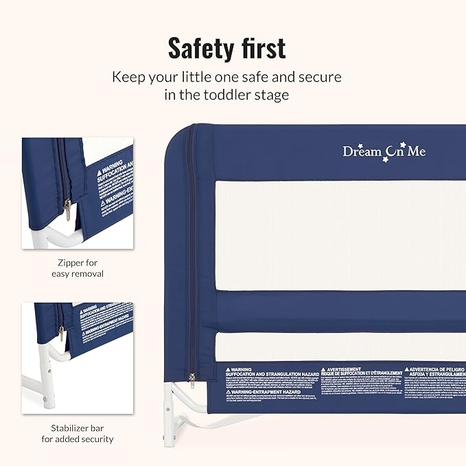 Dream On Me Lightweight Mesh Security Adjustable Bed Rail for Toddler, Breathable Mesh Fabric, Suitable for All Types of Beds, Reinforced Anchor System Bed Guard Rail, Navy