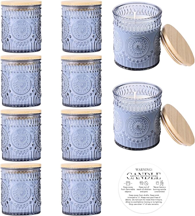 8oz Blue Glass Candle Jars with Lids for Making Candles Set of 10, Empty Candle Containers, Candle Making Supplies for Candle DIY, Candle Vessels Candle Making Kit, Blue Decor
