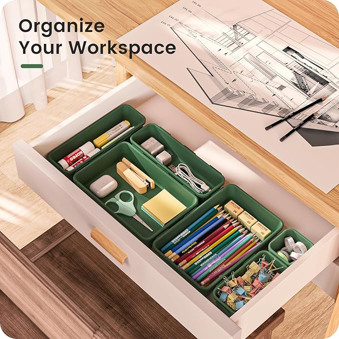 【𝟮𝟴𝗣𝗖𝗦】 【𝟱𝗦𝗶𝘇𝗲】 ArmyGreen Drawer Organizer, Makeup organizer, 【Holds 177 Items】 Bathroom Organizers and Storage, Plastic Desk Organizer Divider, Organizer Bins for Office Vanity A-LUGEI