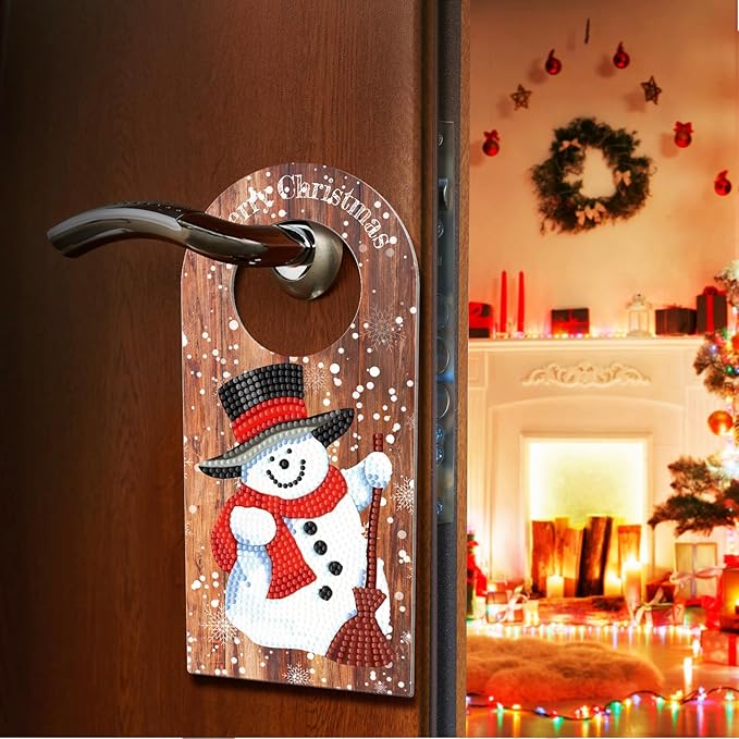 Diamond Art Wood Christmas Door Knob Hanger Sign DIY Kits 5D Diamond Art Painting Christmas Snowman Doorknob Hanging Decorations Special Shaped Beads Paint by Number Mosaic Home Room Front Door Decor