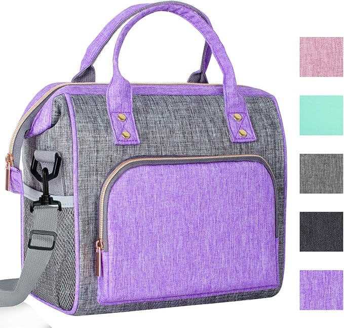 IDEATECH Insulated Lunch Bag Women, Stylish Adult Lunch Box for Working Mom, Leakproof Large Cooler Tote with Adjustable Strap & Pockets for Office Picnic Travel (Purple)