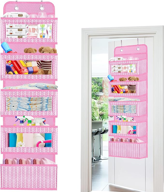 VERONLY Over The Door Hanging Organizer with 5 Large Pockets - Wall Mount Pantry Storage with 2 Big Metal Hooks for Baby Girl’s Diapers Closet, Bathroom, Nursery, Bedroom, Dorm, Baby, Kids Toys (Pink)