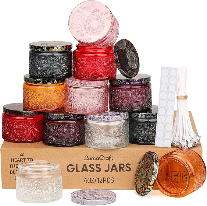 LumaCraft Luxury Embossed Glass Candle Jars for Making Candles - 12 Pack Empty Candle Containers with Airtight Metal Lids, 20 Wicks & 20 Stickers, Colored Glass Jars for Gifts & Decor-4OZ/Mix-Color