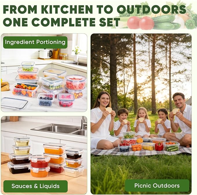 24-Piece PVC-Free BPA-Free Food-Grade Plastic Kitchen Set (12 Containers + 12 Lids), Leakproof Airtight Reusable Meal Prep & Food Storage Containers, Microwave and Dishwasher Safe