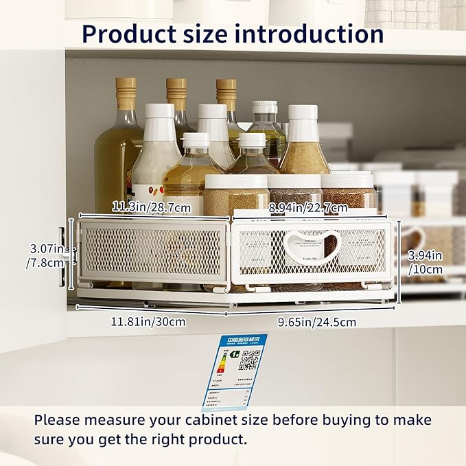 Pull Out Cabinet Organizer, No Drill Adhesive Sliding Drawers for Kitchen, Metal Mesh Wire Storage Shelf for Pantry & Under Sink, White (9.6" W x 11.8" D x 3.9" H)
