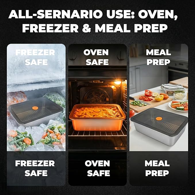 Stainless Steel Food Storage Containers, Silver, Airtight with Vacuum Seal, Stackable Rectangular, 3-Piece Set, BPA-Free Lids, for Meal Prep and Leftovers Storage (deep - 3.3'' Height)