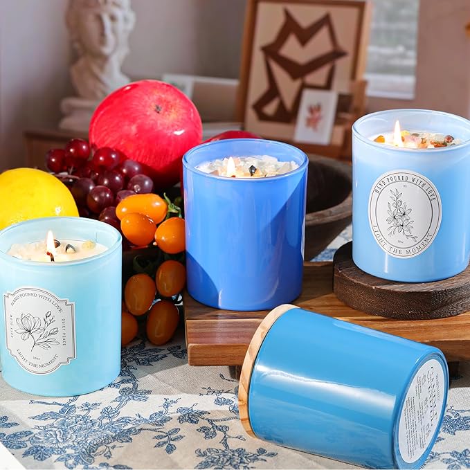 12Pcs Assorted Blue Glass Candle Jars with Wooden Lids for Making Candles, 10 OZ Empty Candle Jars with Labels and 100g Crystal Rocks, Candle Making Supplies Candle Containers for Home DIY & GIFTS