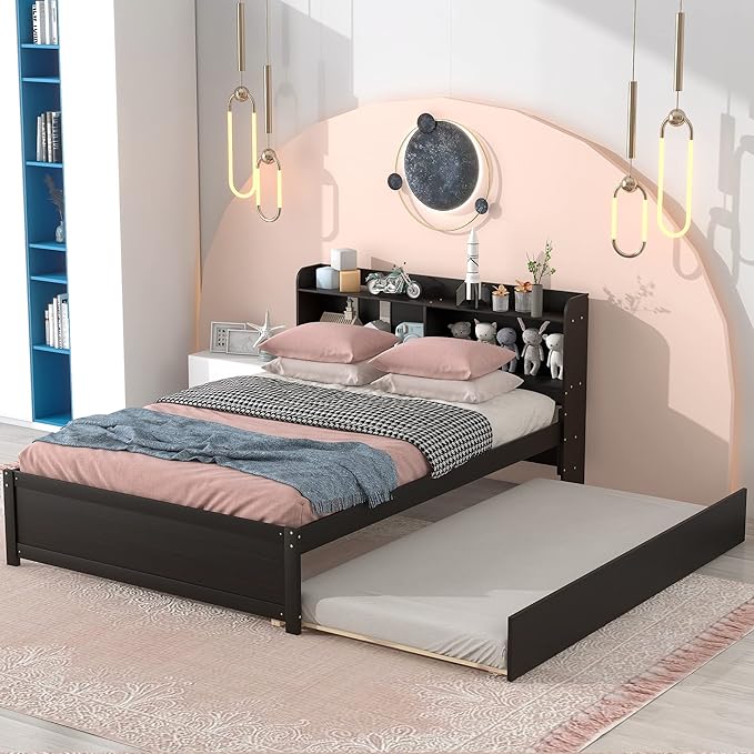 Harper & Bright Designs Full Size Bed Frame with Bookcase Headboard, Wooden Full Size Platform Bed with Trundle and Storage for Kids Girls Boys, No Box Spring Needed, Easy Assembly, Espresso