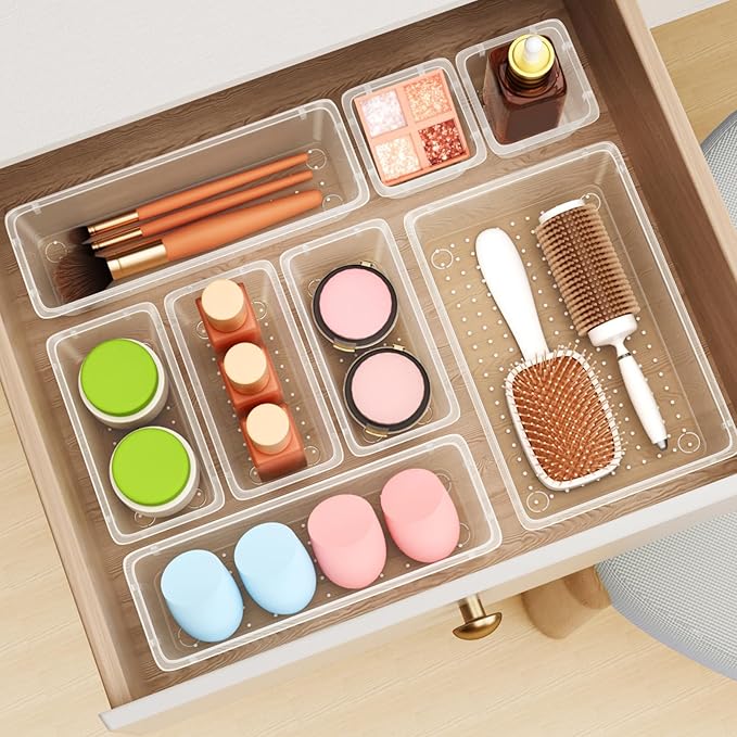 ElegantArray 48 PCS Drawer Organizer Set, 4 Sizes Tool Storage Trays, Clear Plastic Makeup Vanity Organizer and Storage Bins for Makeup, Stationeries, Multiple Gadgets for Bathroom, Office, Bedroom
