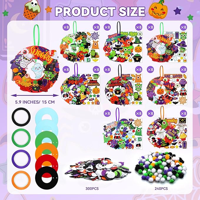Hollowfly 48 Sets Halloween Wreath Craft Kits for Kids Foam Halloween Wreath Signs Craft Pumpkins Owl Ghost Witch Bats Monster Ornament Decorations Stickers for Art Favors Trick-or-treaters Door Decor