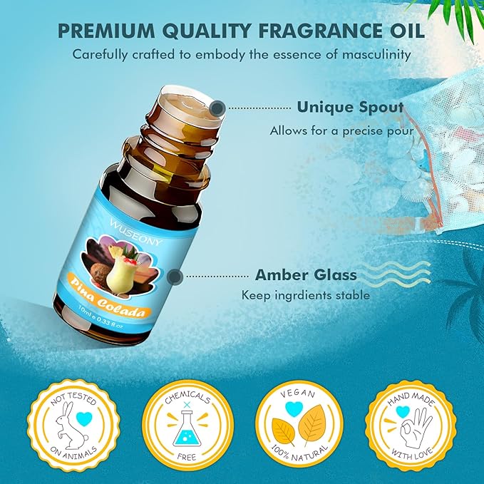 WUSEONY Summer Fragrance Oils Set, Premium Essential Oils for Diffuser, Natural Aromatherapy Oils for Soap Candle Making - Ocean Breeze, Coconut, Pina Colada, Watermelon, Vanilla Ice Cream, Aqua Kiss