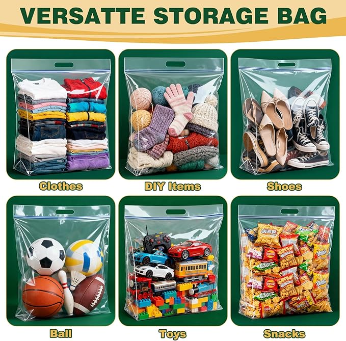 TUXIYA 10 PACK Extra Large Storage Bags, 10 Gallon 24"x20"x7", Resealable Clear Bags with Handle, XL Heavy Duty for Clothes Travel Moving, Double Zipper Seal, Expandable Bottom, Thick 8 Mils