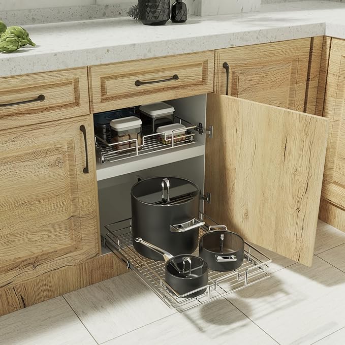 ROOMTEC Pull Out Cabinet Organizer, 1 Tier, Heavy Duty Slide Out Kitchen Cabinet Organizers, Smooth Drawer, Fits 12"+ Cabinets