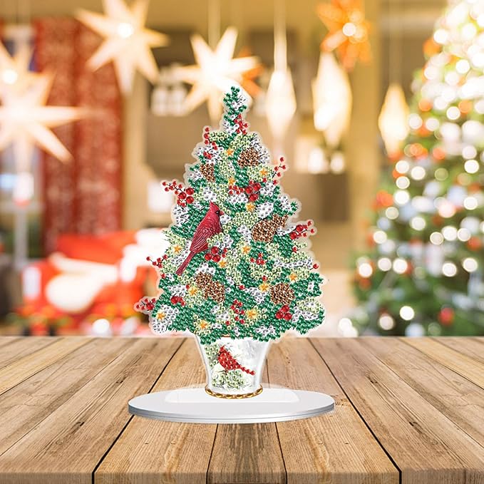 DIY Diamond Painting Tabletop Ornament Kit, Acrylic Diamond Art Desktop Ornaments Christmas Tree with Cardinals, Special Shaped Crystal Diamond Painting Table Top Home Office Christmas Decor