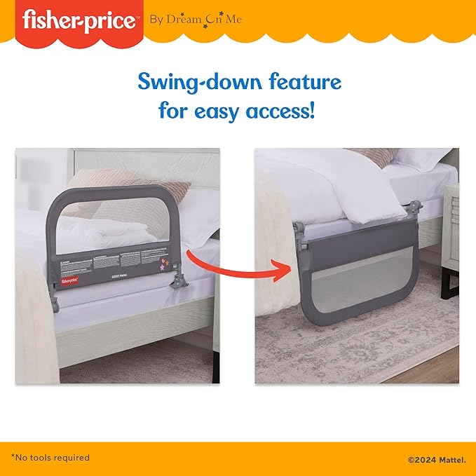Dream On Me Fisher-Price Little Naps Bed Rail for Toddlers in Grey, Suitable for All Types of Beds, No Tool Assembly for Toddler Bed Rail